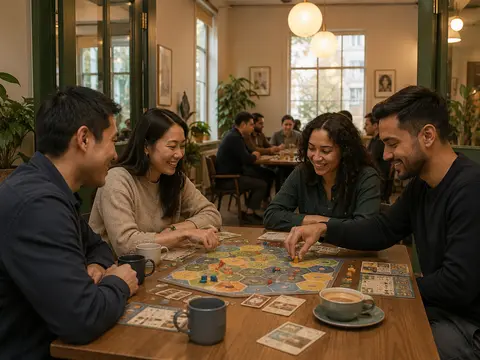 Adults learning and playing a board game together at Danube Linden