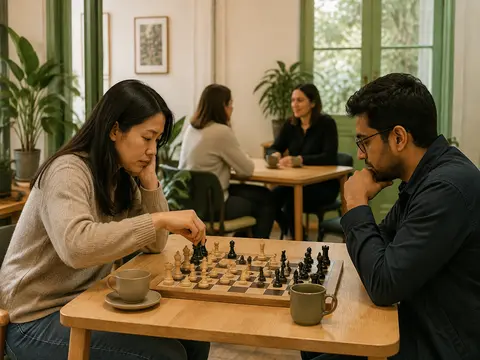 Two adults concentrating over a chessboard in the community space