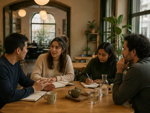 Four adults taking part in a creative writing conversation