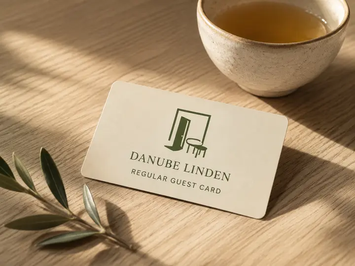 Danube Linden Regular Guest Card on an oak table beside a cup of tea