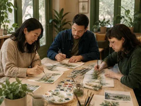 Adults painting together at a Danube Linden workshop