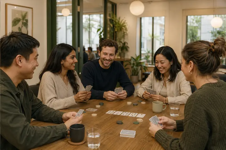 Five adults smiling and playing no-stakes social poker around a shared table